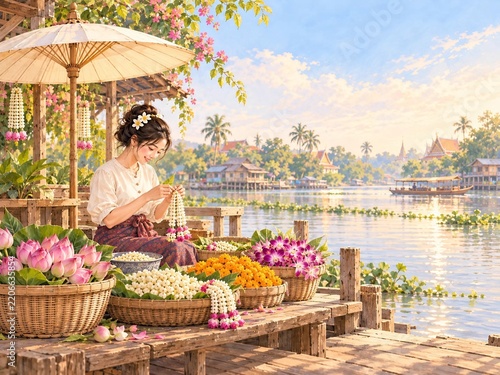 Woman Making Floral Garland by Riverside Flower Market