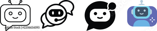 A collection of four diverse chat bot and artificial intelligence vector icons featuring speech bubbles