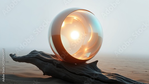 Metallic sphere rests upon weathered wood. Soft light emanates from within, creating warm glow against muted desert backdrop. Minimalist composition.