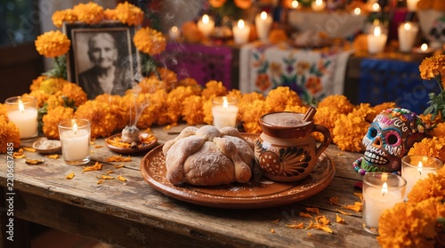 Traditional Pan de Muerto with Hot Chocolate and Day of the Dead Altar Decor