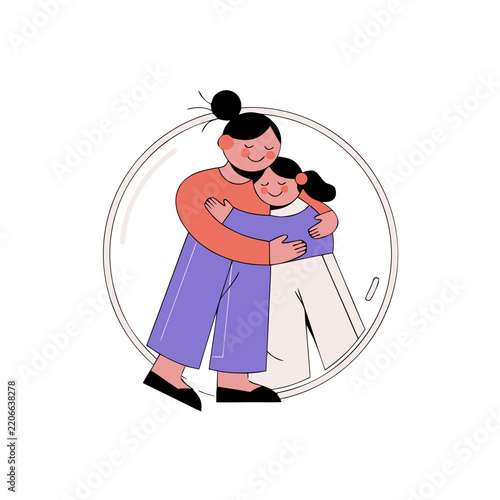 Mother and Daughter Sharing a Warm Hug Inside Circle Frame Flat Illustration