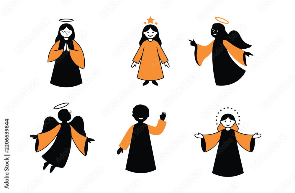 Obraz premium Set of cute angel characters with orange and black robes and halos in different poses for religious holidays and spiritual design