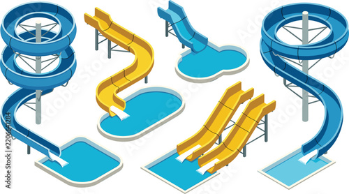 Isometric water park vector collection with spiral slides, steep tubes, and swimming pools for modern outdoor summer amusement park design isolated on white