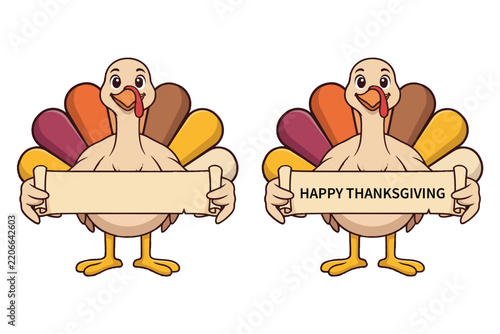 Cute cartoon Thanksgiving turkey mascot holding a blank scroll banner for copy space and a Happy Thanksgiving greeting sign, isolated on white background