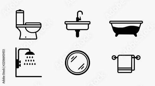 Bathroom fixtures icon set featuring toilet sink bathtub shower mirror towel rack