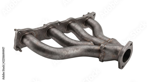 Metallic car exhaust manifold isolated on white background studio shot