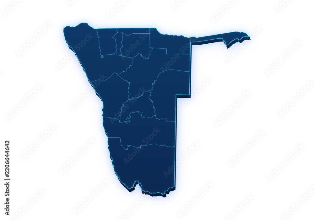 Obraz premium Neon blue pseudo 3D map of Namibia with administrative regions isolated on transparent background