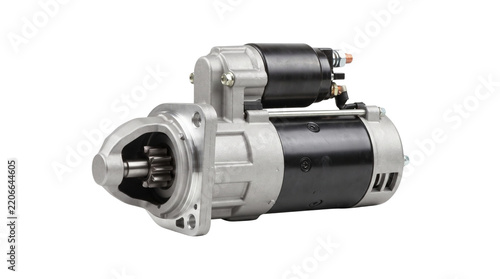 Shiny metal car starter motor isolated on white background studio view