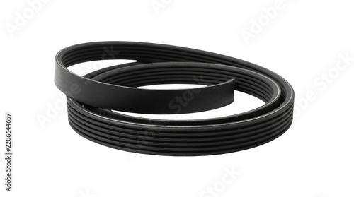 Black rubber ribbed serpentine belt coiled on white background