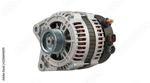 Modern vehicle alternator generator isolated on white background studio shot