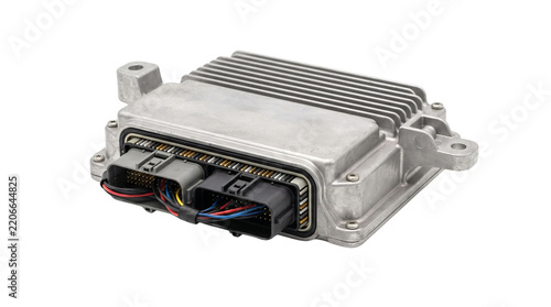 Modern automotive electronic control unit with cables isolated on white background