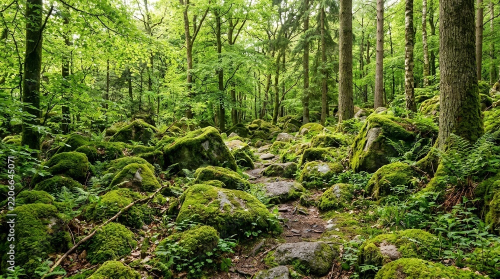 Fototapeta premium Enchanting woodland scenery featuring vibrant green mossy boulders along a peaceful forest hiking path in summer