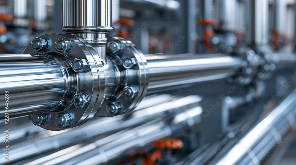 Fototapeta premium Shiny stainless steel industrial pipe system with bolted flanges. Perfect for engineering, manufacturing, and chemical plant infrastructure concepts.