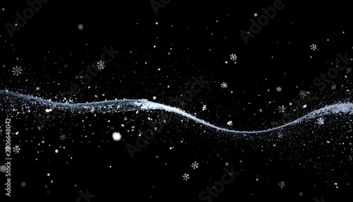 Abstract winter snowstorm with swirling snowflakes and icy particles creating a dynamic wave effect on a black background