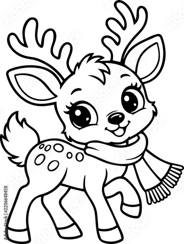 Cute Christmas Reindeer Coloring Page with Scarf