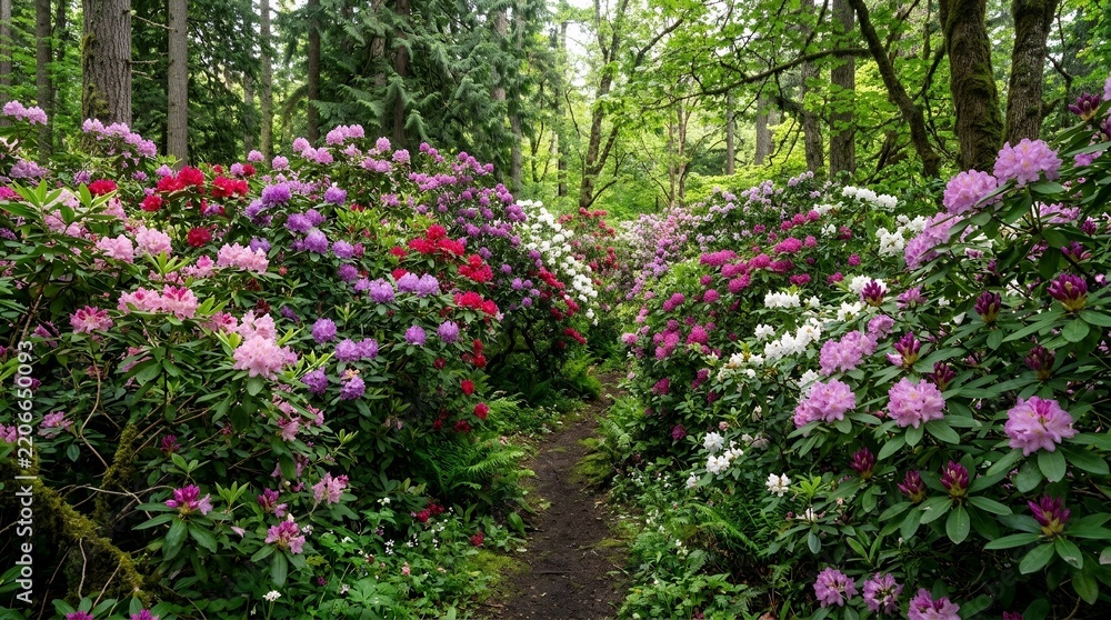Fototapeta premium Vibrant rhododendron bushes blooming in pink and purple along a narrow forest path in a beautiful botanical park.
