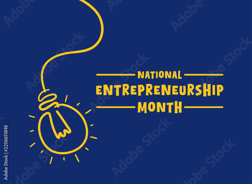 National Entrepreneurship Month vector banner background illustration with hanging light bulb line art for business startup, creativity, and innovation concept.