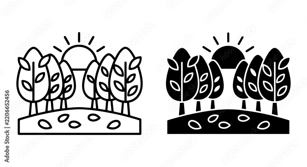 Fototapeta premium Forest Landscape Icons, Nature Scene Vector Graphics, Sunrise Trees Silhouette, Organic Elements