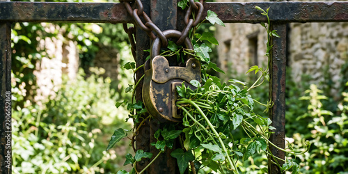 Old rusty padlock secures weathered metal gate with green ivy vines growing around it symbolizing security and nature.