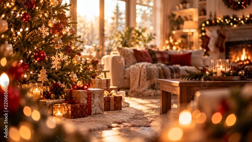 Christmas tree with gifts and candles in cozy living room with copy space