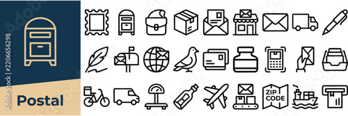 Postal service and delivery outline icon set. Featuring mailbox, envelope, postage stamp, parcel, and delivery van symbols. Vector icons for mail handling guides and shipping interfaces.