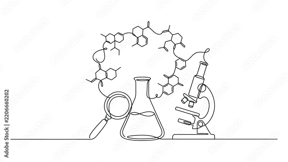 Obraz premium Continuous Line Drawing of Laboratory Flask Microscope and Magnifying Glass with Chemical Formula.