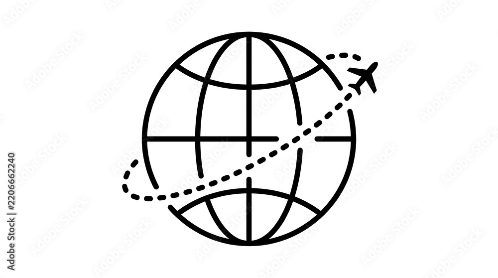 Obraz premium Minimalist line art illustration of an airplane flying around the globe with airplane aviation transport international minimalist trajectory vacation destination