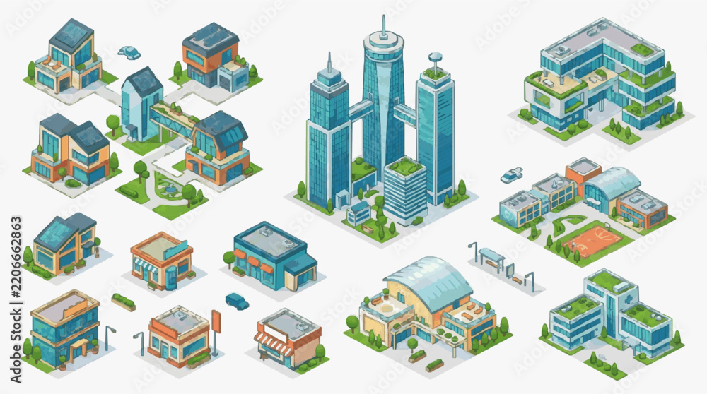 Fototapeta premium Isometric Cityscape with Diverse Architectural Buildings and Skyscrapers