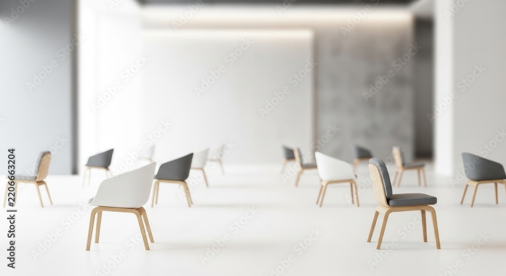 Obraz premium Several modern chairs are arranged in a bright, spacious room. The chairs have light wood frames and white or gray upholstered seats.
