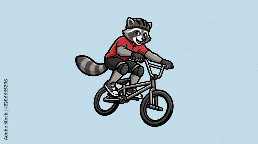 Obraz premium Cartoon raccoon character riding a BMX bike in mid air