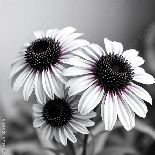 Simple elegant arrangement of black and white echinacea flowers, symmetrical design, artistic composition