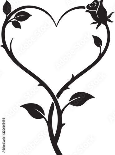 Heart with rose stem on white background.