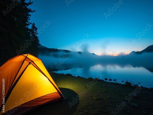 Tent's soft glow illuminates misty lake shore at dusk, night, tent