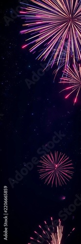 Pyrotechnic display illuminates the starry night sky with vibrant colors and patterns, bright, fireworks