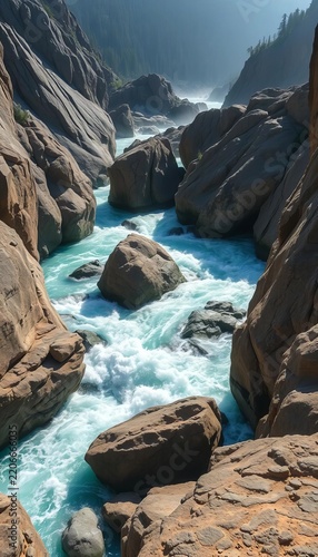 Turquoise water crashes between massive granite boulders, creating a misty veil that dances in the sunlight, cove, water