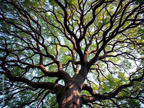 Tree with intricate branches weaving together to form a canopy, forest, brown