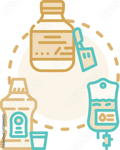 Pediatric drip treatment concept art, illustrating a saline irrigation procedure for children's health, incorporating medical tools and personal hygiene for proper body care