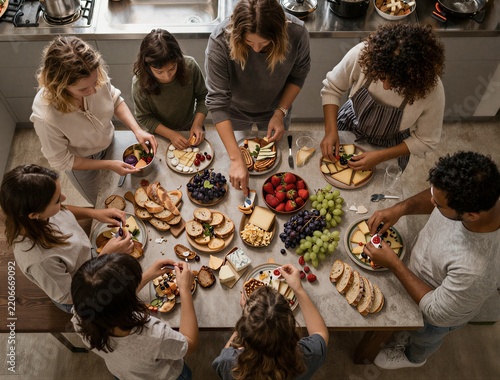 Diverse family of adults and children gathering together around a large kitchen table to prepare and share a delicious meal and charcuterie board top view