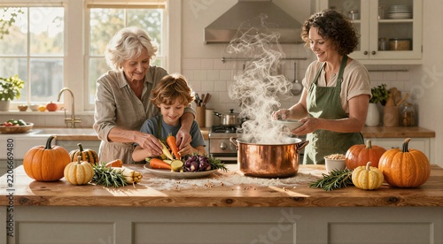 A mature Caucasian woman, a young Caucasian woman, and a Caucasian child cooking together in a bright kitchen with steaming pot and pumpkins on the counter