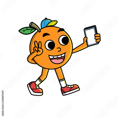 Cute orange fruit mascot character taking selfie with smartphone and peace sign vector illustration