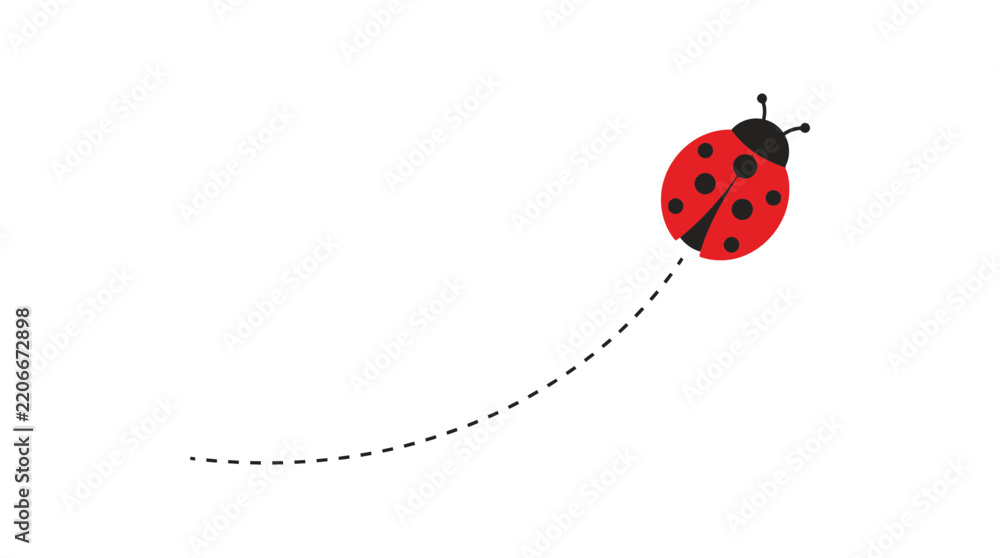 Fototapeta premium Minimalist vector illustration showing a red spotted ladybug flying along a black dashed path line