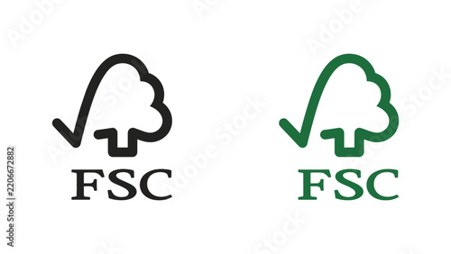 Forest stewardship council certification logos represented as professional vector graphic illustrations in black and green colors