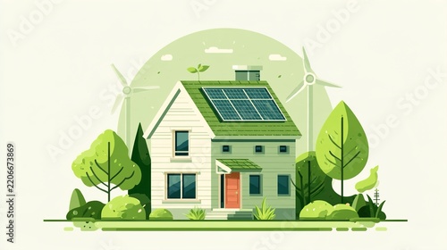 Green illustrated eco house with solar panels and wind turbines in nature