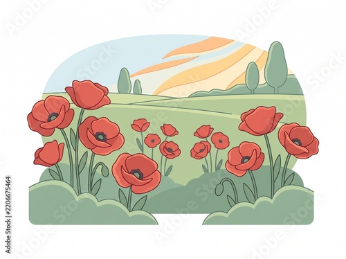 Charming vector illustration of red poppy flowers blooming in a serene spring meadow landscape