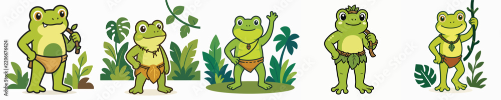 Fototapeta premium Set of vector illustrations of a cute frog standing and wearing a Tarzan jungle costume.