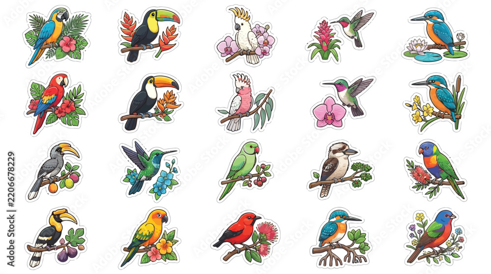 Obraz premium Collection of colorful exotic birds perched on branches with flowers.