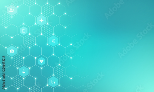 Medical background and healthcare technology with flat icons and symbols. Concept and idea for health care business, innovation medicine, health safety, science, medical research, and development.