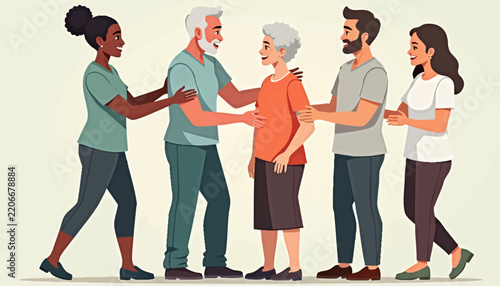 Diverse group of people interacting with smiles and handshakes, welcoming older man in orange shirt. Joyful atmosphere with friends and family exchanging greetings.