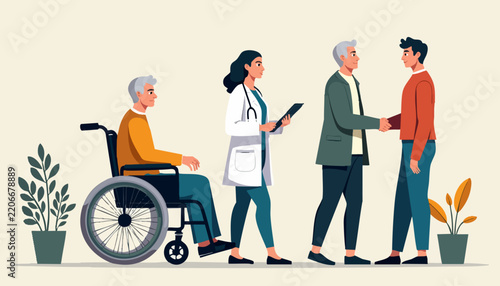 Healthcare interaction with nurse, elderly patient in wheelchair, healthcare professional shaking hands with caregiver, supportive environment for elderly patients.