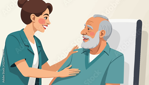 Caring nurse interacting with elderly man in medical setting, showcasing compassion and professionalism. Nursing staff provides support and conversation for patient,